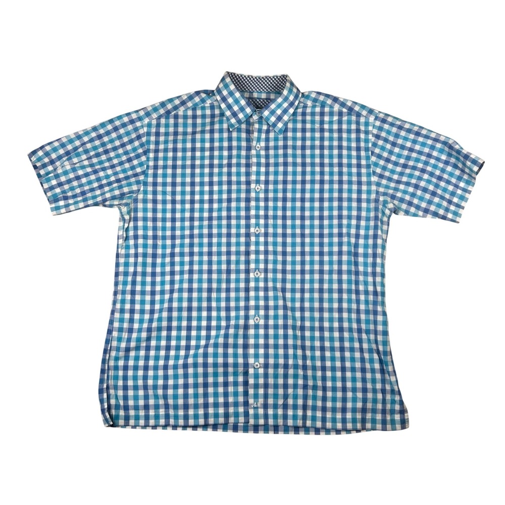 Johnston & Murphy Mens Large Blue Gingham Check Short Sleeve Cotton Button Shirt